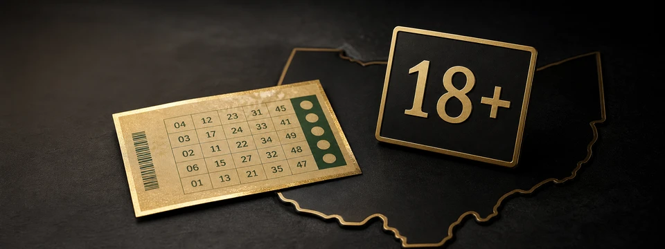 Ohio Lottery ticket beside an 18-plus age marker