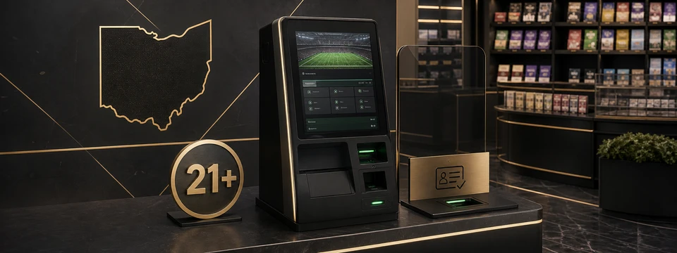 Ohio retail sports-gaming kiosk with a 21-plus identity scanner