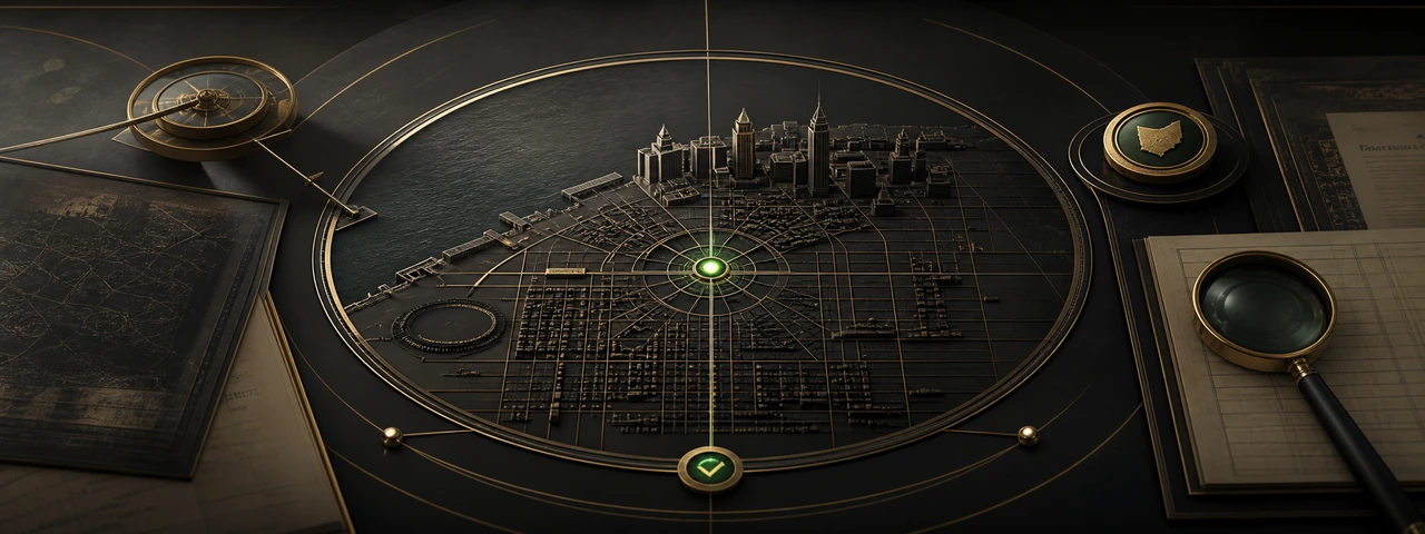 Abstract premium Cleveland evidence map with a verified location node
