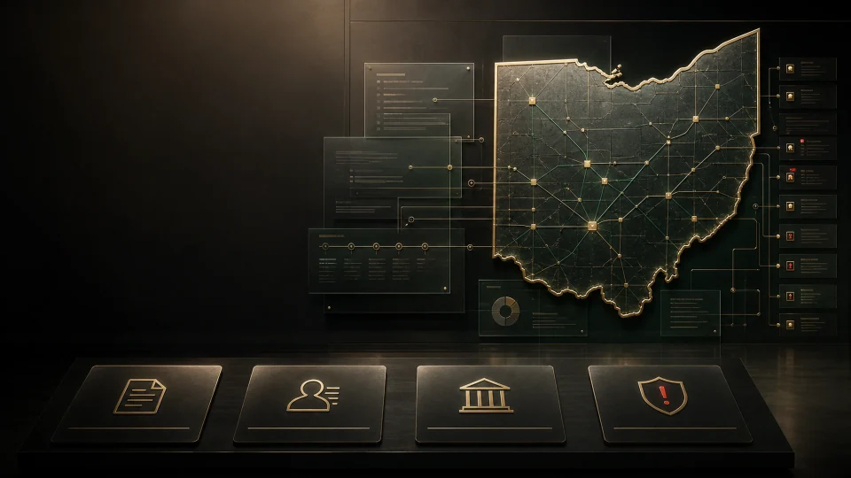 Premium Ohio complaint-routing map with evidence and agency layers