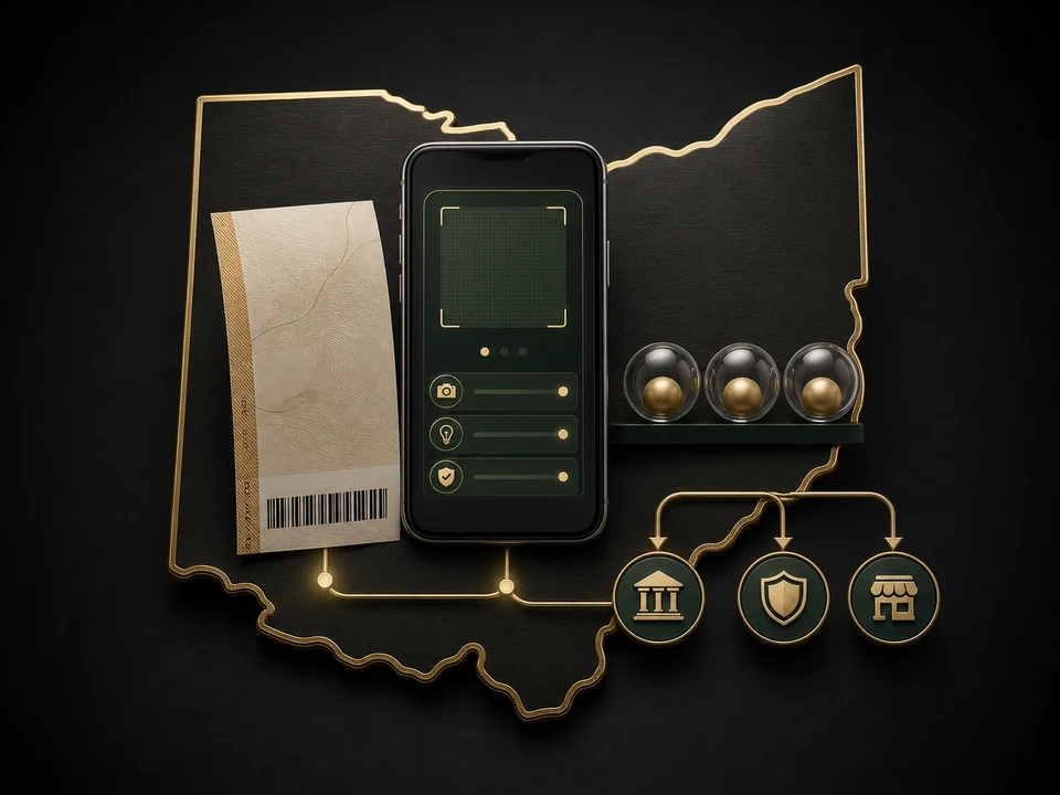 Stylized Ohio map with a retail ticket, official app and prize-claim route