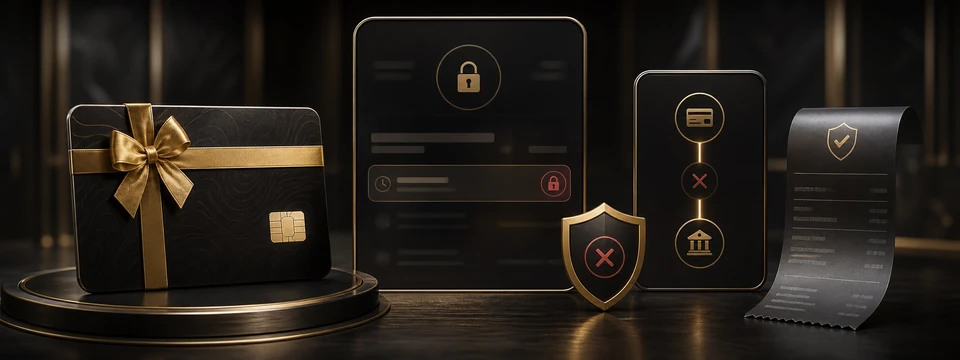Blocked gift-card payment path beside a protected withdrawal record