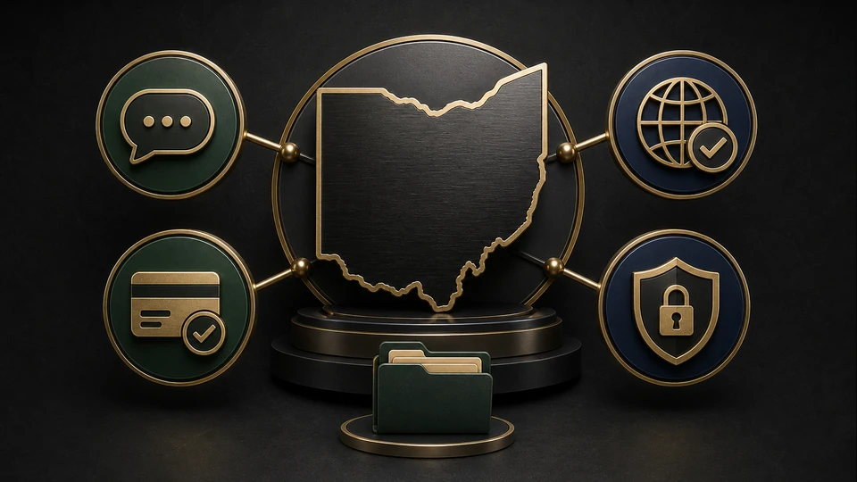 Premium Ohio scam-response evidence map connecting message, domain, payment and account-security records
