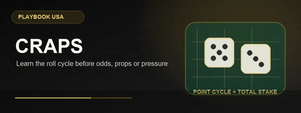 Craps route banner with dice and a table-grid motif
