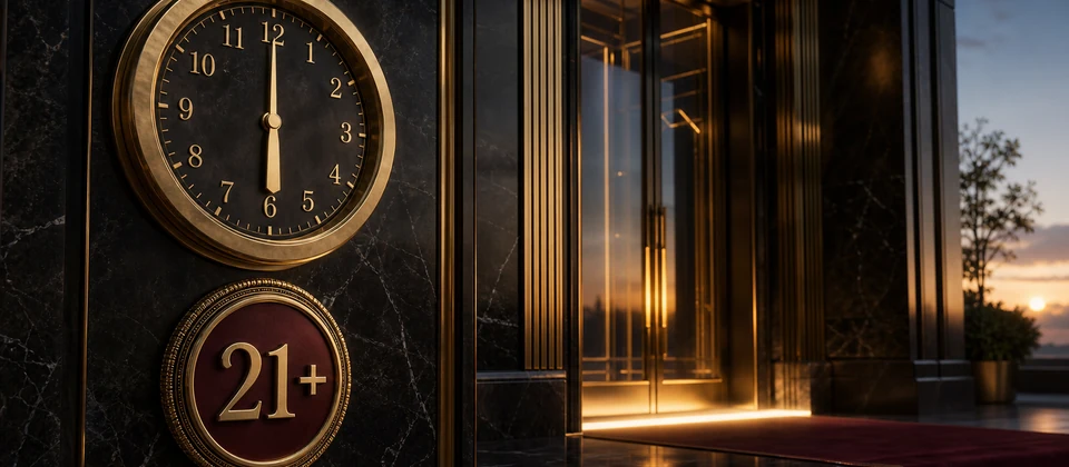 Premium 6 a.m. clock and 21+ property-access threshold at dawn