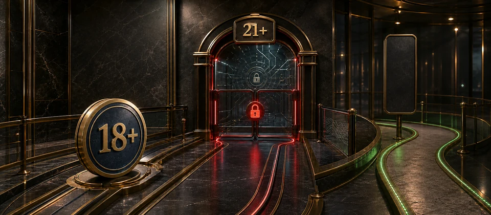 Premium age-threshold gateway separating an 18+ marker from a locked 21+ online-casino route