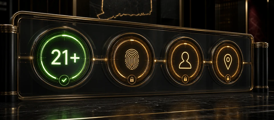 Premium verification console showing a passed 21+ age gate and separate locked identity, account and location checks