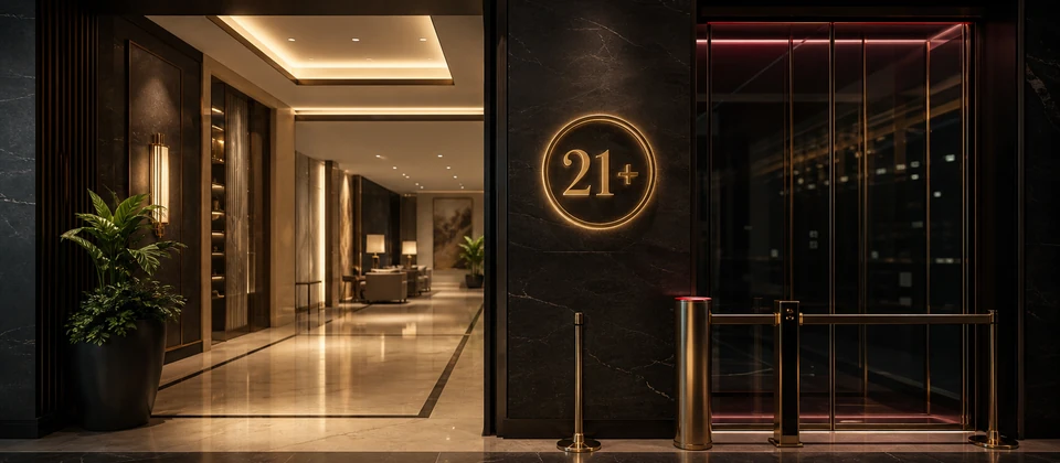 Premium resort corridor separated from a protected 21+ gaming-floor entrance