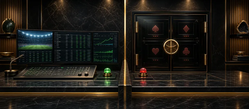 Premium split authorization scene separating a verified sportsbook route from a closed casino category