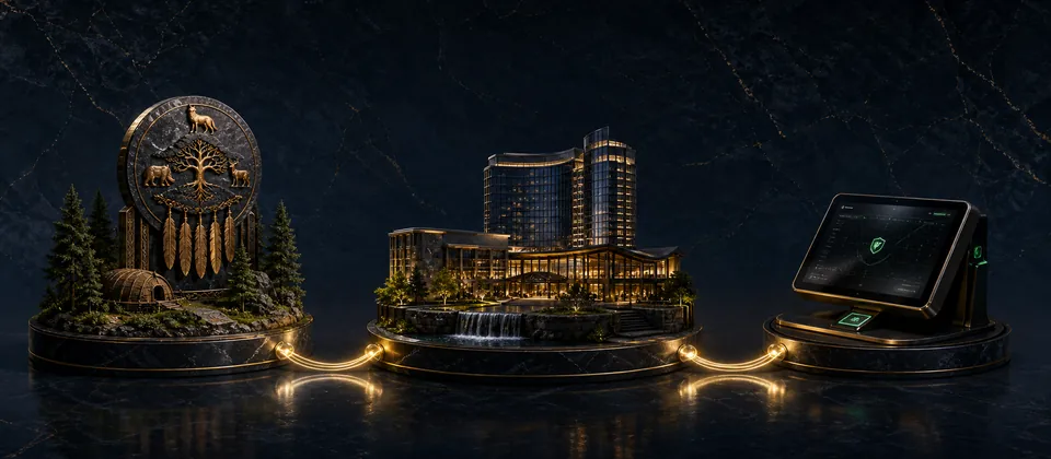 Premium compliance network connecting a tribal master-license layer, Foxwoods property and DraftKings operator relationship