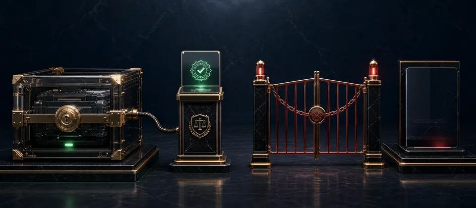 Premium compliance gate separating a valid supplier credential from an unauthorized consumer route
