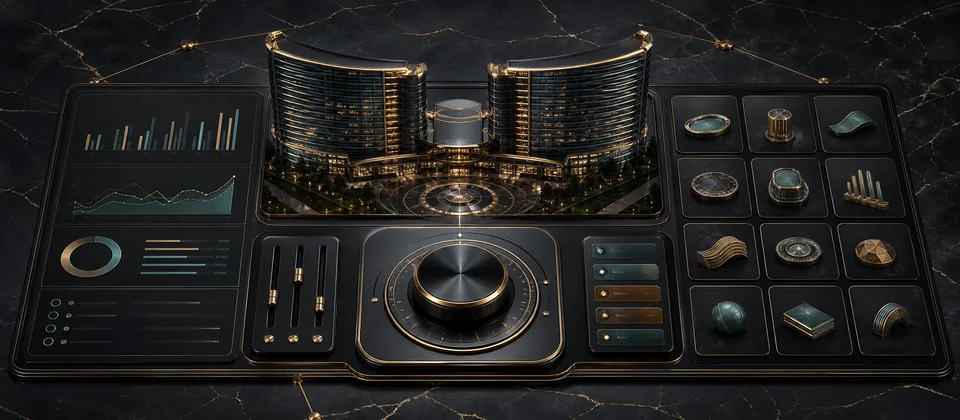 Premium abstract evidence scene connecting a Connecticut property ecosystem, activity dashboard, budget controls and game-format matrix