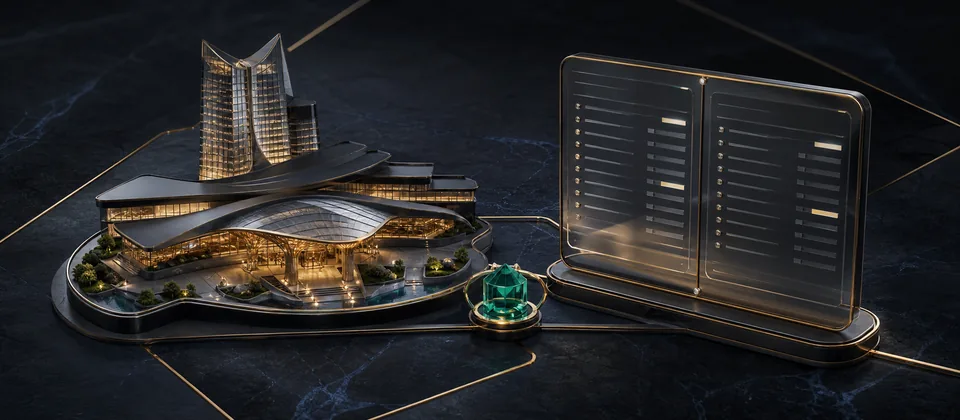 Premium abstract evidence scene connecting a Connecticut resort ecosystem, public game-and-limit ledger and rewards integration