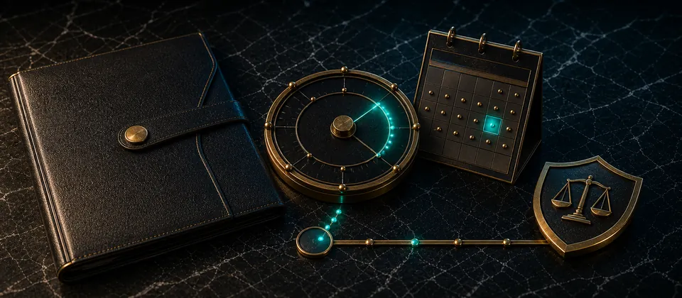 Premium Connecticut scheduled-law checkpoint with a sealed folio, precision timeline, calendar and integrity shield