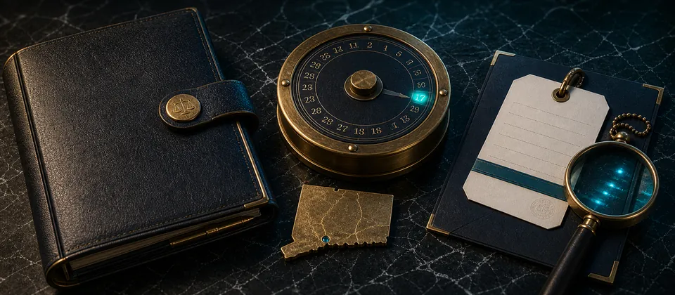 Premium Connecticut public-act evidence scene with a legal folio, calendar checkpoint, state marker and archival verification record