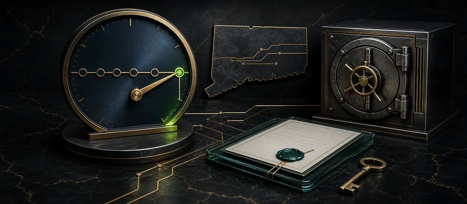 Premium two-stage clock, registry and sealed removal-request evidence scene