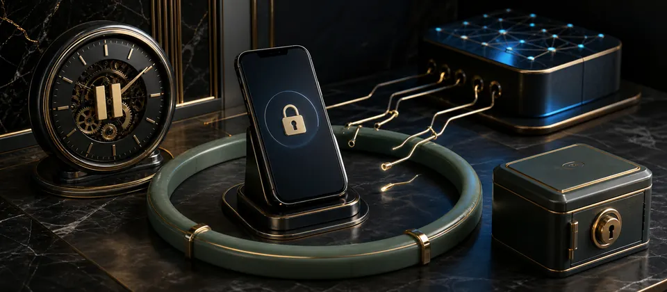 Premium locked-phone and paused-clock scene for an immediate account timeout