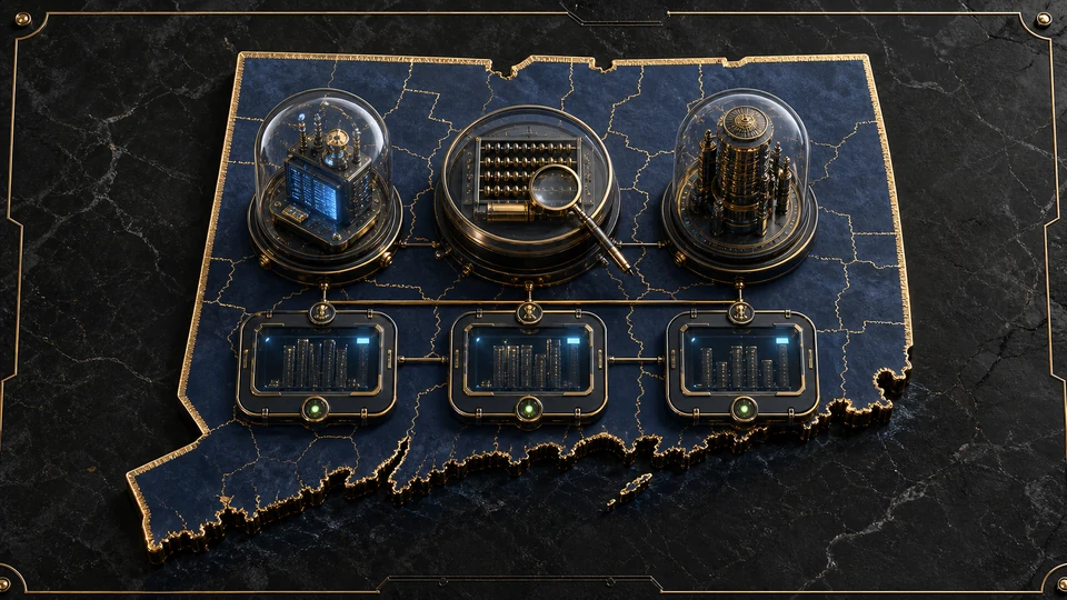 Premium Connecticut official-data map separating online casino, sports wagering and tribal slot reporting