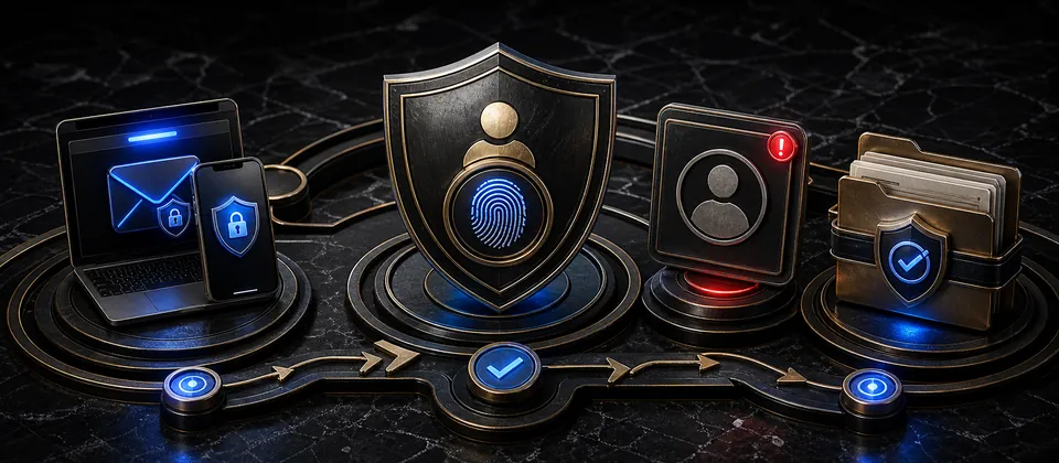 Premium identity-security scene connecting unknown account alerts, account protection and preserved records