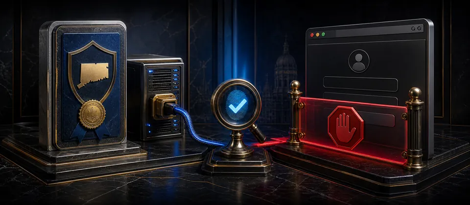 Premium Connecticut evidence scene separating a valid supplier credential from blocked consumer-casino authorization