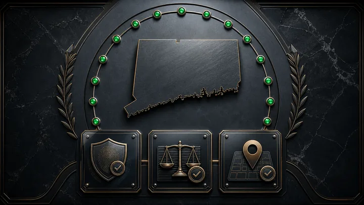 Premium Connecticut authorization register with a centered state silhouette, three credential layers and fourteen verified-location signals