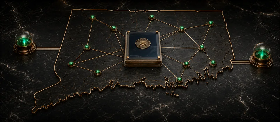 Premium Connecticut retail-register map reconciling twelve network locations with two separate tribal sportsbook anchors