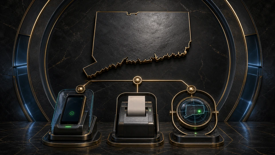 Premium Connecticut sports-betting evidence map with three authorized-platform nodes, geolocation and wager-record signals