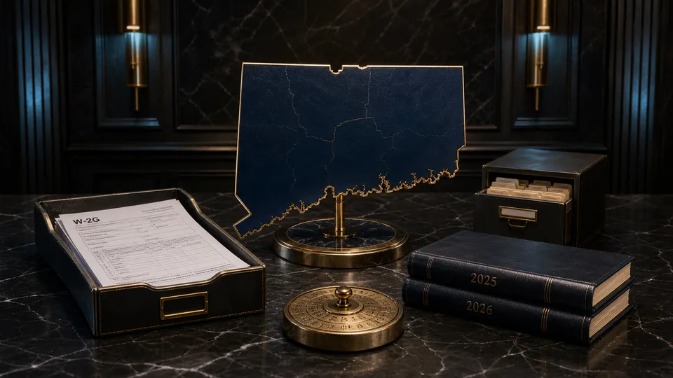 Premium centered Connecticut gambling-tax evidence scene with 2025 and 2026 ledgers, W-2G records and a state archive