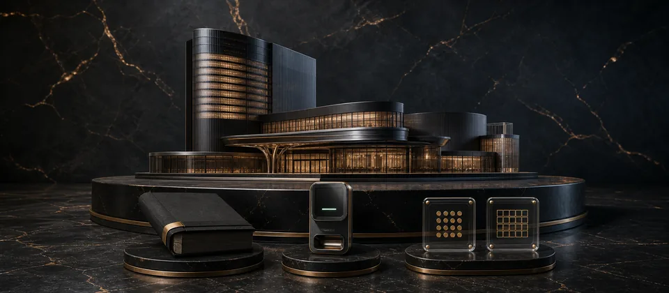 Premium Foxwoods property-evidence scene with a modern resort model, secure record book and verification controls