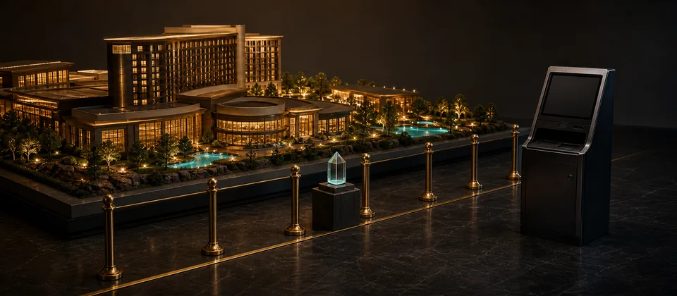 Premium property-boundary scene separating an authorized casino site from an unverified off-property electronic kiosk