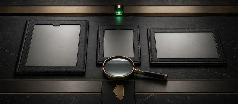 Premium verification desk with separate blank transaction records and a magnifying lens