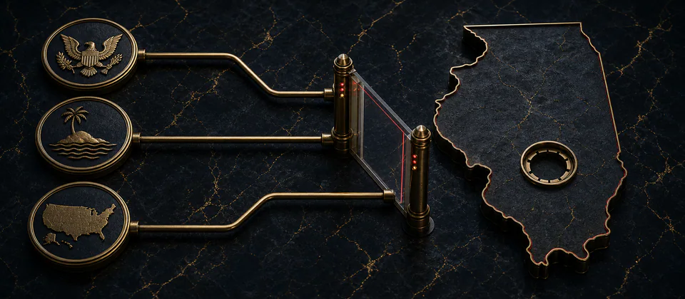 Premium jurisdictional boundary scene showing outside authorization stopping at Illinois