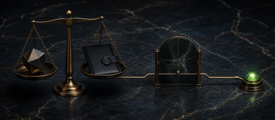 Premium legal-analysis scene balancing a skill claim against an Illinois authorization record