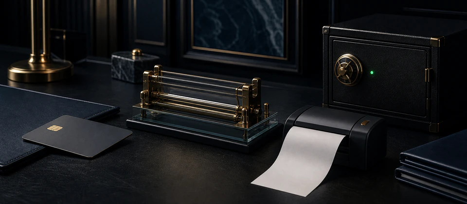 Premium funding and wager-record desk with a blank receipt and secure archive