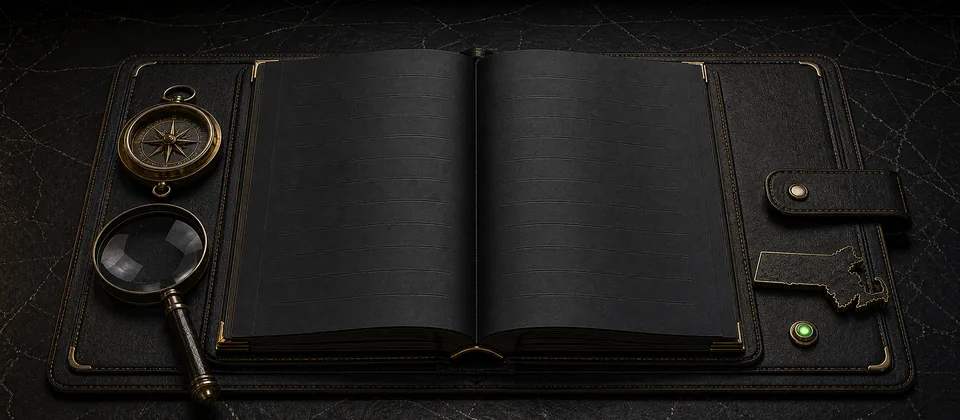 Premium Massachusetts authority folio with compass, magnifier and verified state marker