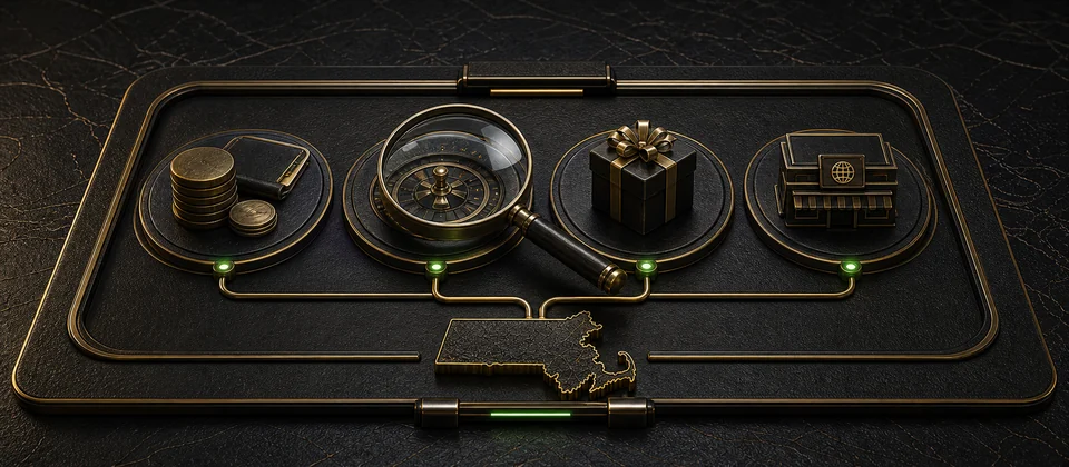 Premium Massachusetts gambling-mechanics evidence tray for identifying the real activity
