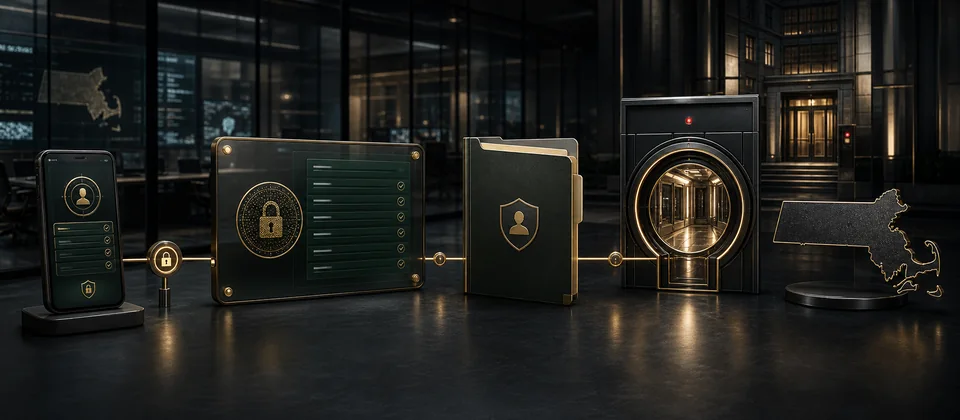 Premium secure online-account record and headquarters handoff scene