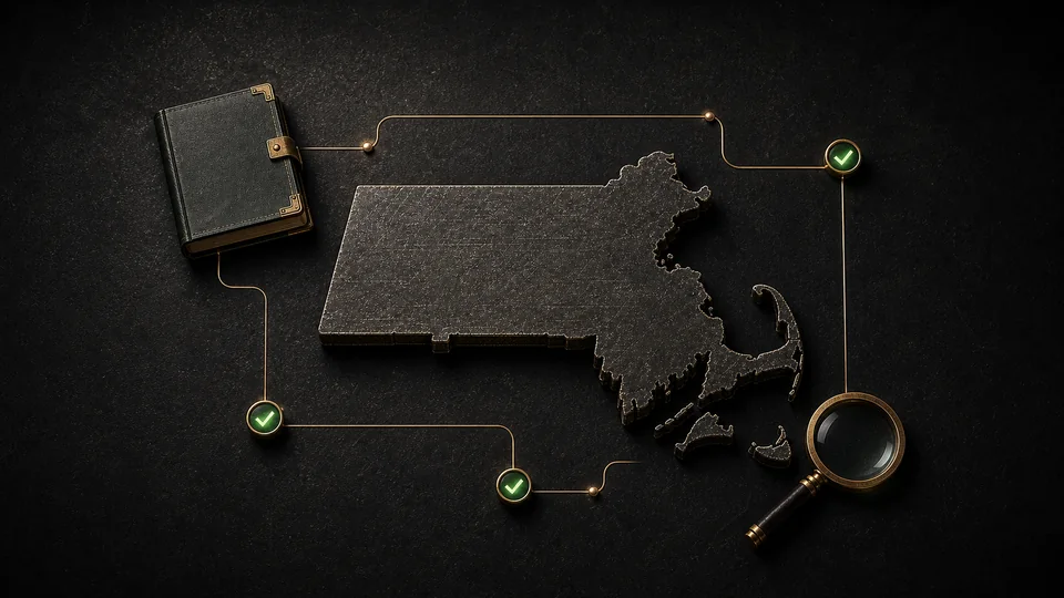 Premium Massachusetts public-revenue audit scene with the state silhouette, ledger, verification paths and magnifying glass