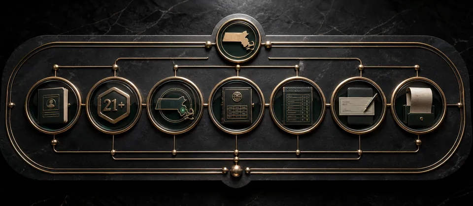 Premium Massachusetts sportsbook verification board with seven separate license, age, location, event, wager, funding and record checks