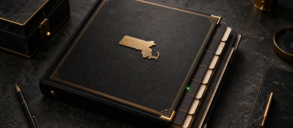 Premium Massachusetts state-ledger record with a brass state silhouette and organized evidence tabs