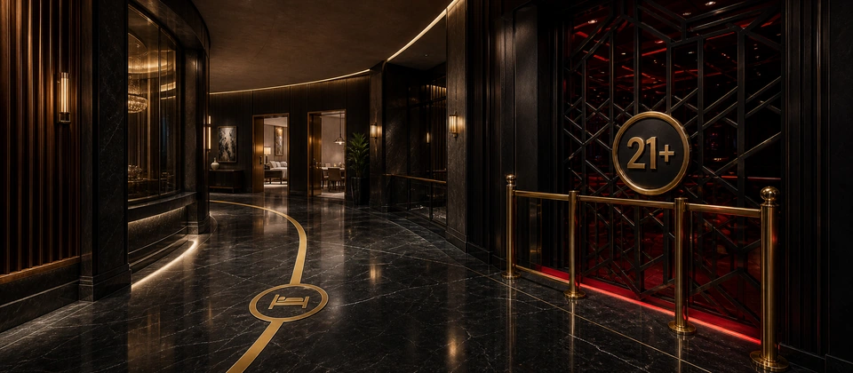 Premium abstract resort access boundary with a 21 plus gate and restricted location marker