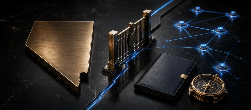 Premium digital compliance scene separating Nevada guidance from a consumer online casino market