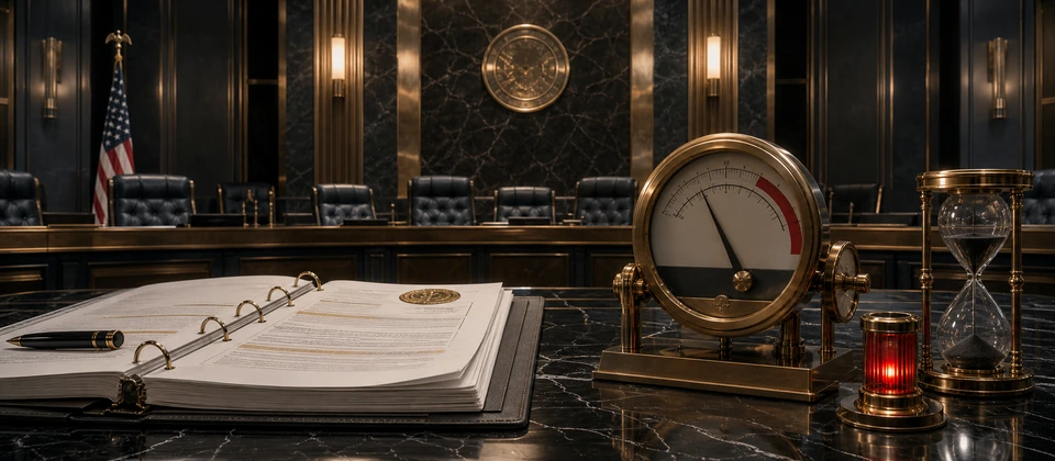 Premium Nevada regulation hearing scene with a pending document and a restrained progressive meter detail
