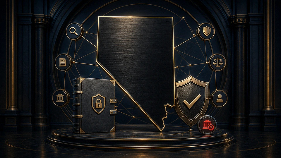 Premium centered Nevada scam-verification composition with protected accounts, evidence records and official report routes
