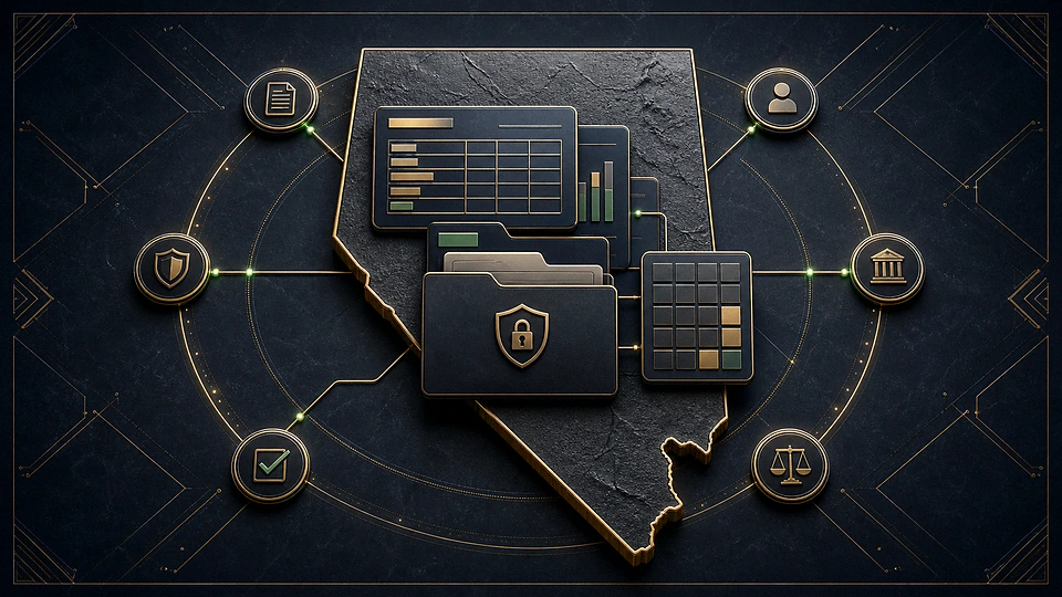 Premium centered Nevada gambling-tax evidence composition with secure records and verification nodes
