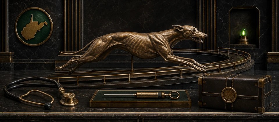 Premium greyhound racing regulation banner with a curved track, inspection tools and evidence case