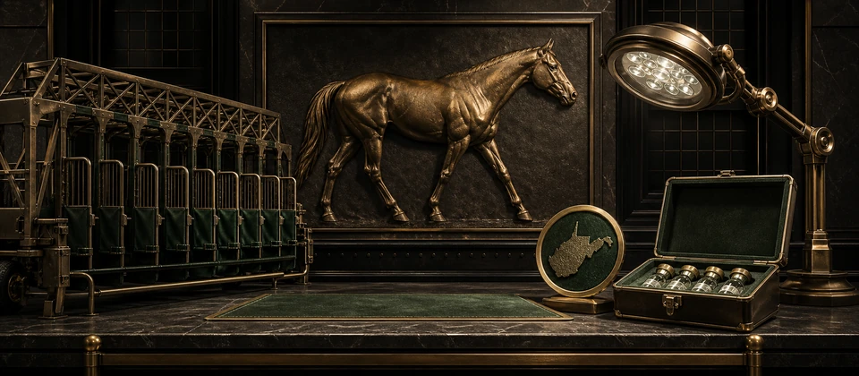 Premium thoroughbred racing regulation banner with a starting gate, inspection light and evidence case